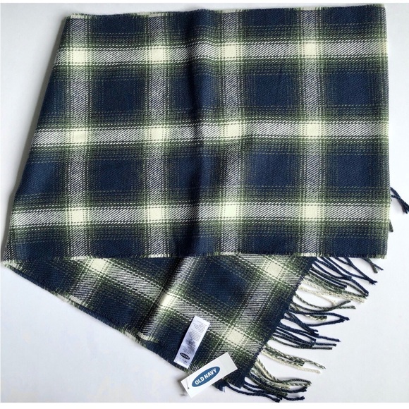 NEW OLD NAVY Plaid Neck Scarf Fringed Hems Blue Green 76” x 13” UNISEX - Picture 2 of 12